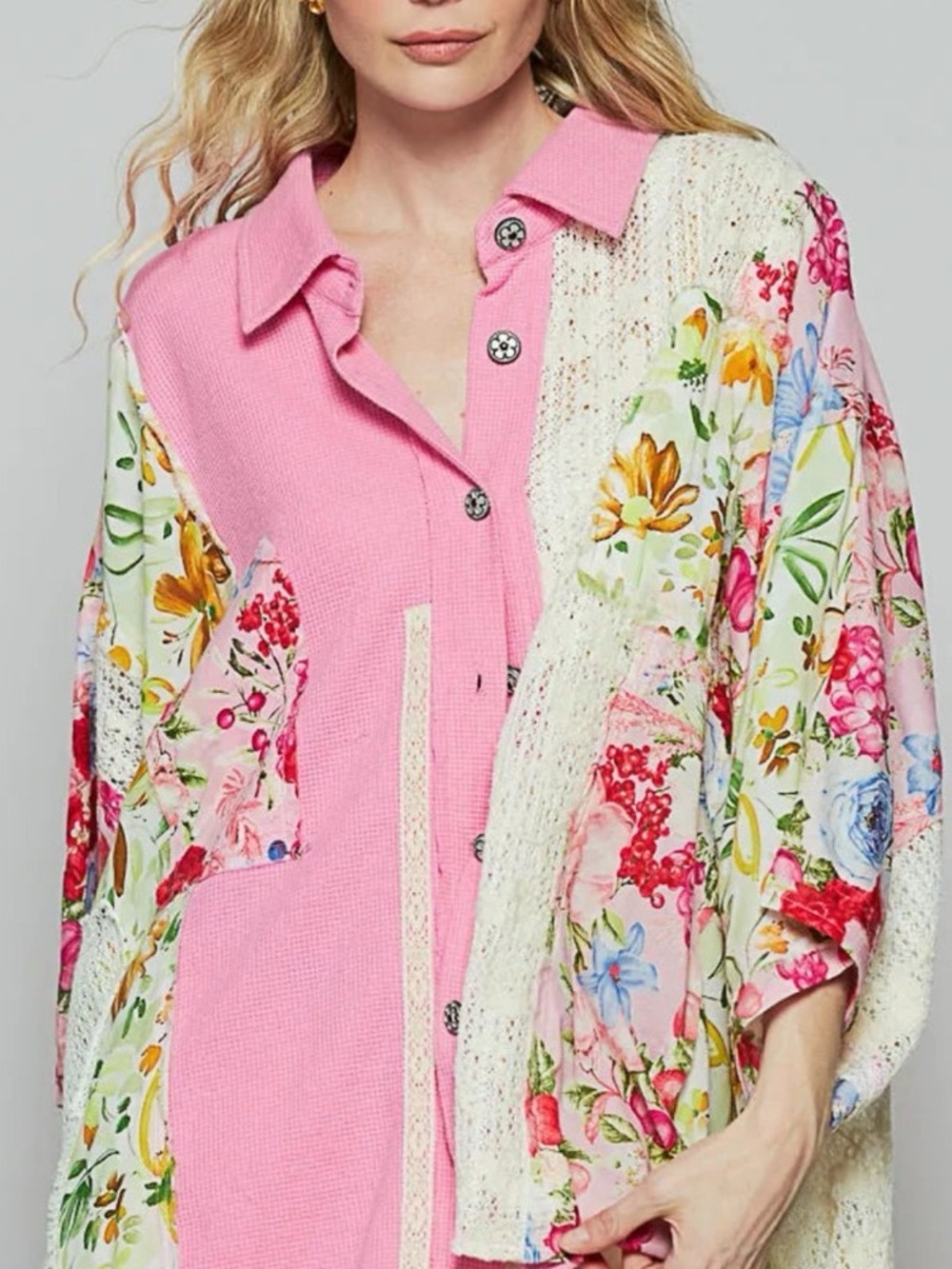 POL Pink Floral Patchwork Button-Front Women's Top